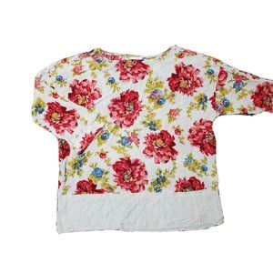 J.Jill Women XL Red Floral Casual Top 3/4 Sleeve Lace Trim Round Neck Loose Fit